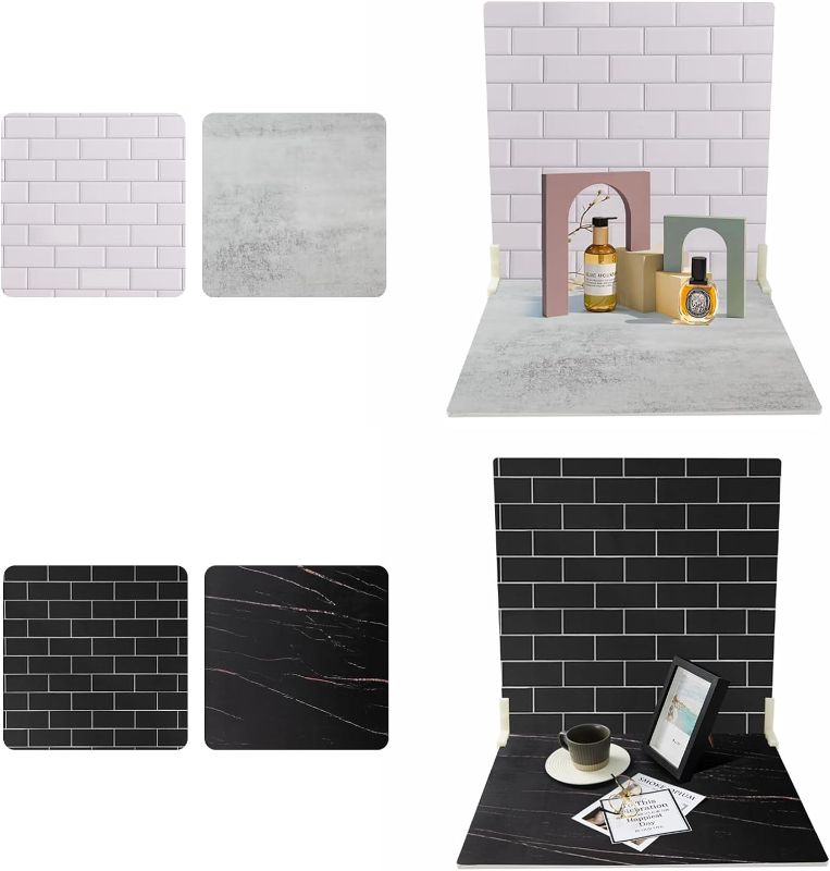Photo 1 of (Similar to Stock Photo) BEIYANG 2PCS 16x16in Double Side Photography Backdrop, White & Black Subway Tile Background Surface, Grey Black Marble Pattern Pattern Photo Board for Food Jewelry Cosmetics Small Product Shooting