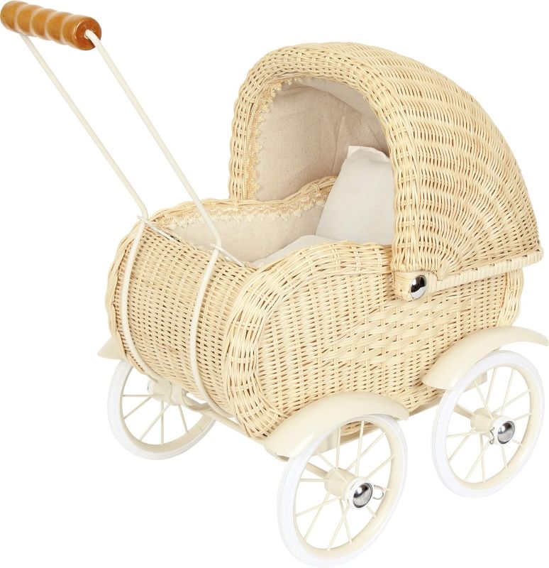 Photo 1 of Baby Doll Stroller by Small Foot – Vintage Wicker Rolling Carriage Pram – Classic Doll Buggy – Pretend Play Toy 3+ Years