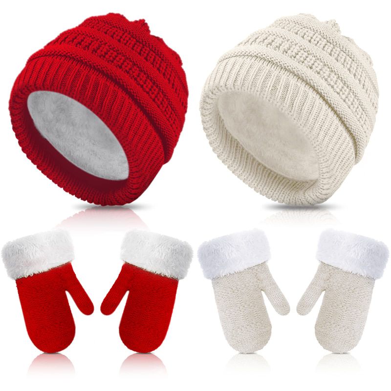 Photo 1 of 2 Sets Baby Warm Winter Hat and Mitten Gloves Set (Red, White 1-3 Years)