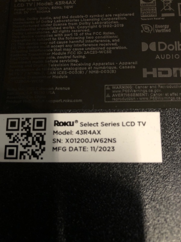 Photo 2 of ***SELLING FOR PARTS ONLY***
Roku 43" Select Series 4K HDR Smart RokuTV 