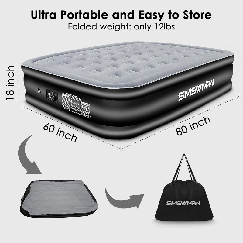 Photo 3 of (READ FULL POST) Air Mattress, Queen Air Mattress with Built in Pump, 18" Elevated Inflatable Blow Up Mattress with Self-Inflation, Comfortable Flocked Top Air Bed with Storage Bag for Camping, Travel, Guests
