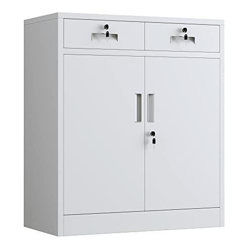 Photo 1 of [FOR PARTS, READ NOTES] NONREFUNDABLE
JINGUR Metal Storage Cabinet with Locking Doors and 2 Drawers, Lockable Storage Cabinets with Adjustable Shelf for Home Office and Garage (White)