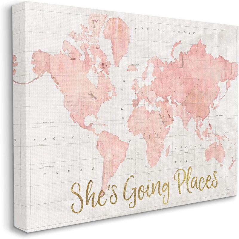 Photo 1 of  She's Going Places Quote Pink Watercolor World Map, 30 x 40