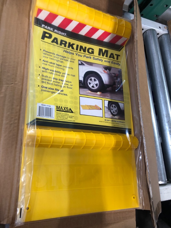 Photo 2 of Maxsa 37356-RS Park Right Perfect Parking Self Adhesive Anti-skid Parking Mat for Cars and Trucks, 21" x 11" x 2", Yellow with Reflective Strip 1-Pack Yellow Frustration-Free Packaging