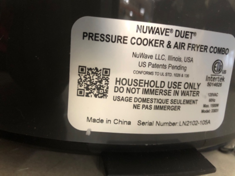 Photo 1 of NuWave Duet Air Fryer & Electric Pressure Cooker, 540-in-1 Highly Programmable One-Touch Cooker, 105kPa, Crisp&Tender Flavor Combo For Food, 18/10 SS Pot w/t Sure Lock Safety Sym, Lifetime CS Support 6QT Standard