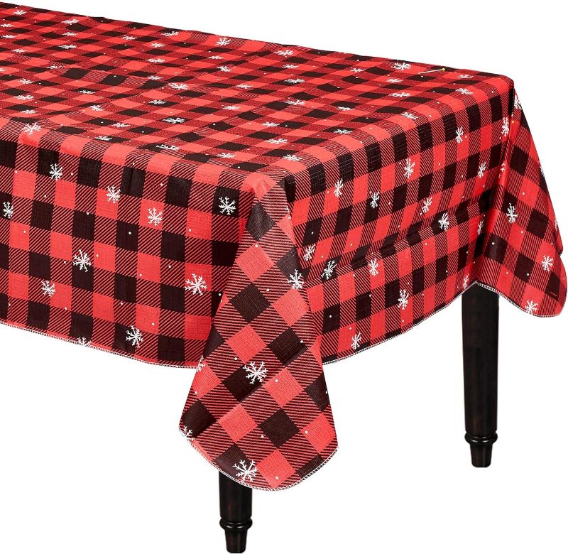 Photo 1 of Buffalo Plaid Snowflake Flannel-Backed Vinyl Tablecloth 54X108 INCHES