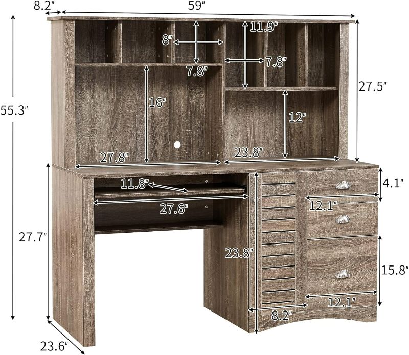 Photo 6 of (READ FULL POST) Home Office Desk, Computer Desk with 2-Tier Open Shelf/3 Letter-Size Drawers/Keyboard Tray/Computer Host Cabinet, Study Writing Table Workstation, Vintage & Classical Style
