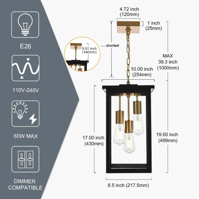 Photo 5 of TODOLUZ Outdoor Pendant Light Fixtures, 3-Lights Exterior Hanging Lantern, Black Large Outdoor Hanging Porch Light with Clear Glass Shade Black & Brushed Brass