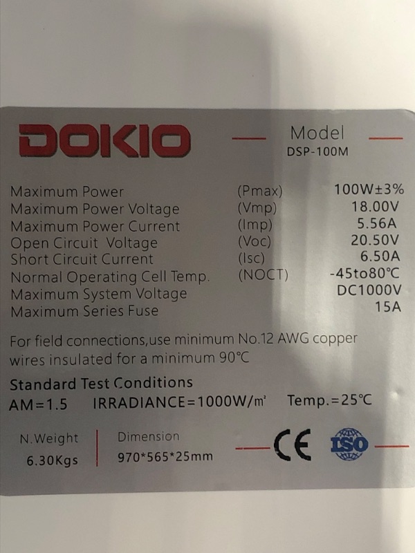 Photo 4 of (please see all images) Dokio Solar Panel Monocrystalline to Charge 