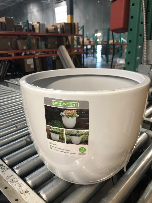 Photo 4 of 14 in. Fresno Medium White High-Density Resin Planter (14 in. D x 12 in. H) With Drainage Hole