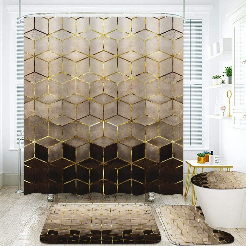 Photo 1 of 4Pcs Brown Gradient Shower Curtain Set, Modern Geometric Shower Curtain 