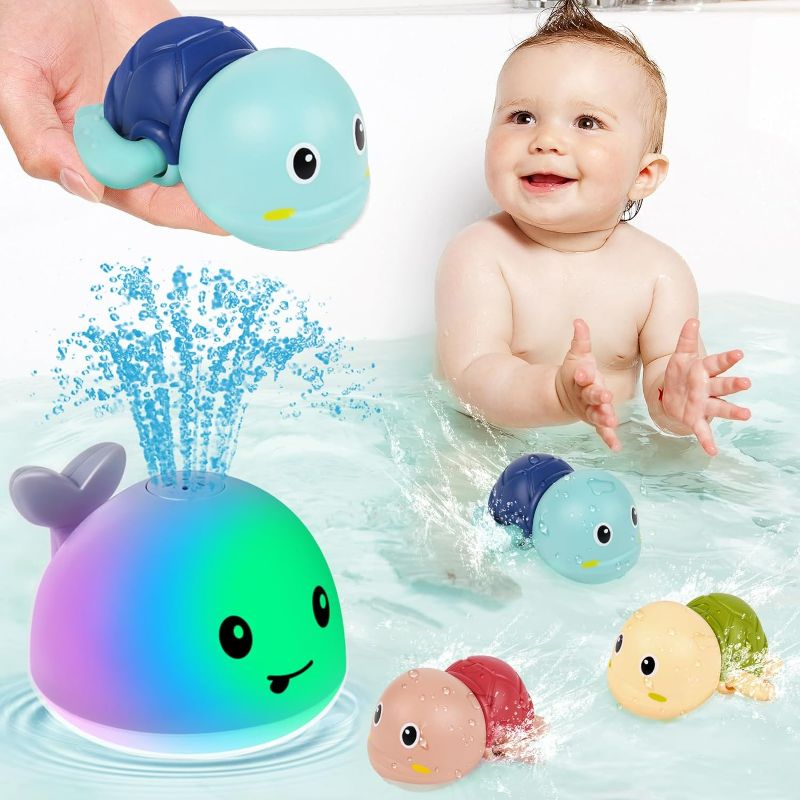 Photo 1 of Gigilli Baby Bath Toys Set, Whale Bath Toy Sprinkler with 3 PCS Swimming Turtle Bath Toys,