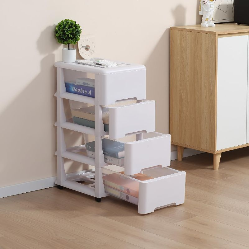 Photo 1 of 4 Tier Plastic Drawers, White Storage Cart with White Frame