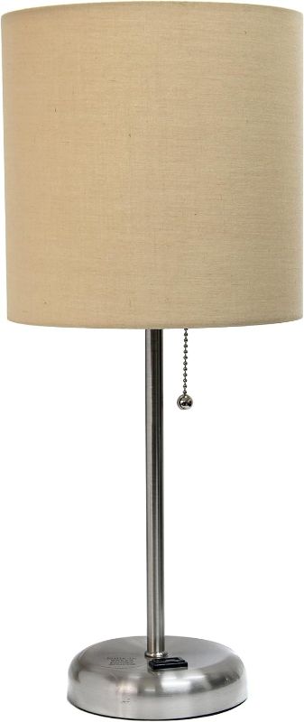 Photo 1 of Simple Designs LT2024-TAN Brushed Steel Stick Table Desk Lamp with Charging Outlet and Drum Fabric Shade, Tan