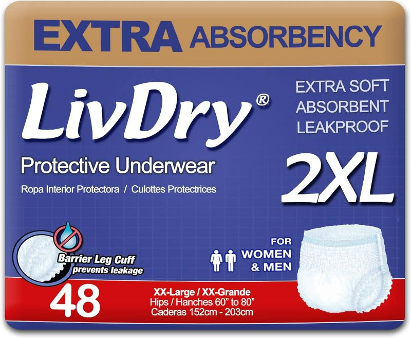 Photo 1 of 
LivDry Adult XXL Incontinence Underwear, Extra Comfort Absorbency, Leak Protection, XX-Large, 48-Pack