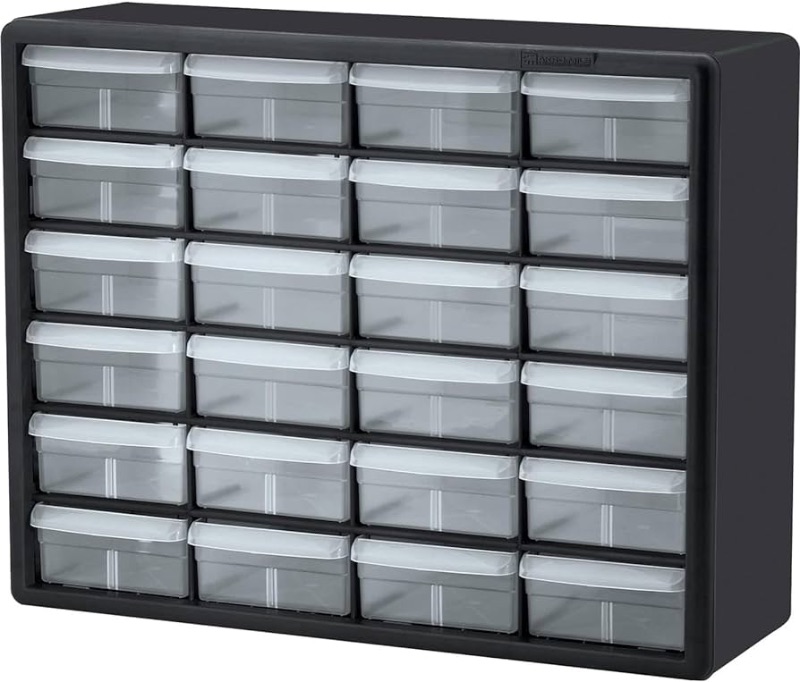 Photo 1 of Akro-Mils 10124 24 Drawer Plastic Parts Storage, Hardware and Craft Cabinet, Nuts and Bolts Organizer, 20-Inch W x 6-Inch D x 16-Inch H, Black