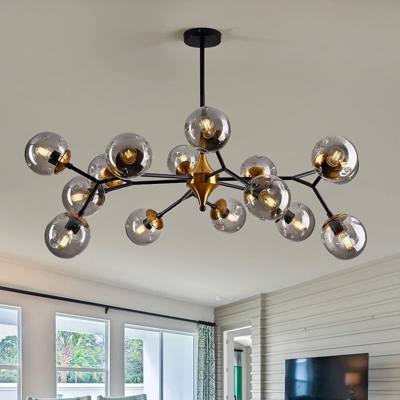 Photo 1 of ***USED - LIKELY MISSING PARTS - UNABLE TO VERIFY FUNCTIONALITY***
15 Light Sputnik Modern Large Chandelier, Mid Century Black and Gold Metal Ceiling Light Fixture with Glass Globe,Pendant Light Hanging for Dining Room Kitchen Living Room Bedroom Foyer.