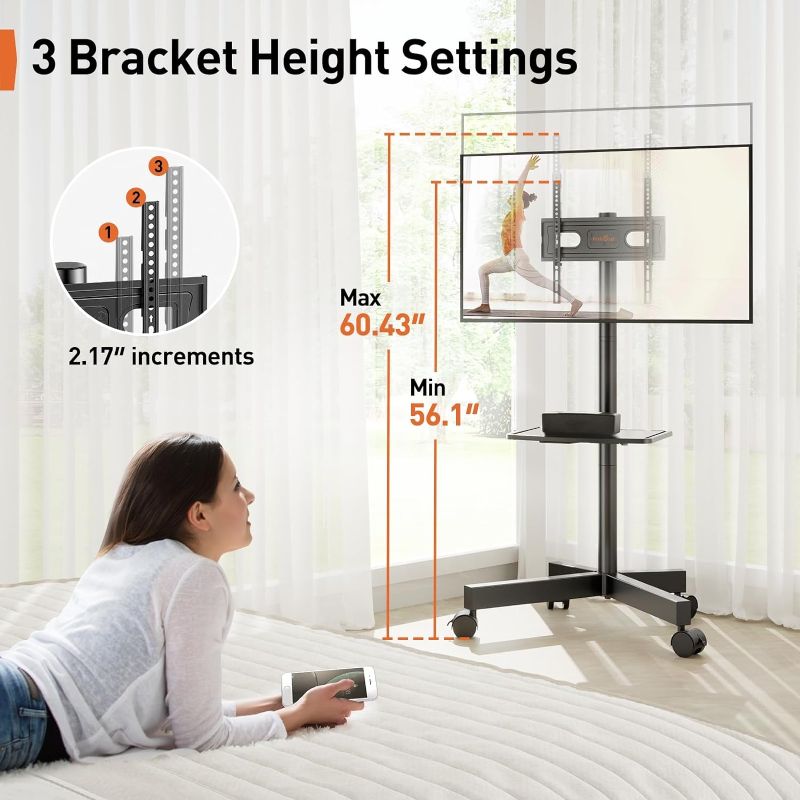 Photo 3 of (NON-REFUNDABLE) Perlegear Rolling TV Stand for 23-60 Inch LED Flat Screen/Curved TVs up to 88lbs,Mobile TV Stand Cart with Height Adjustable Portable Floor TV Stand