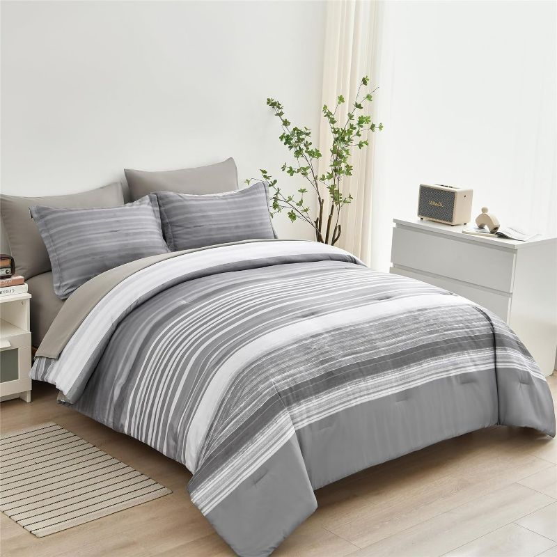 Photo 1 of 
KAKIJUMN 7 Piece Bed in a Bag Stripe Comforter Set Queen Size, White Grey Patchwork Striped Comforter and Sheet Set