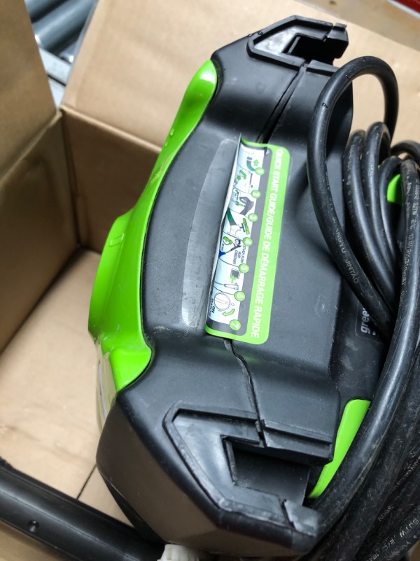 Photo 3 of ***USED - MISSING NUMEROUS PARTS - UNABLE TO TEST - PLASTIC CRACKED - SEE PICTURES***
Greenworks 1600 PSI (1.2 GPM) Electric Pressure Washer (Ultra Compact / Lightweight / 20 FT Hose / 35 FT Power Cord) Great For Cars, Fences, Patios, Driveways