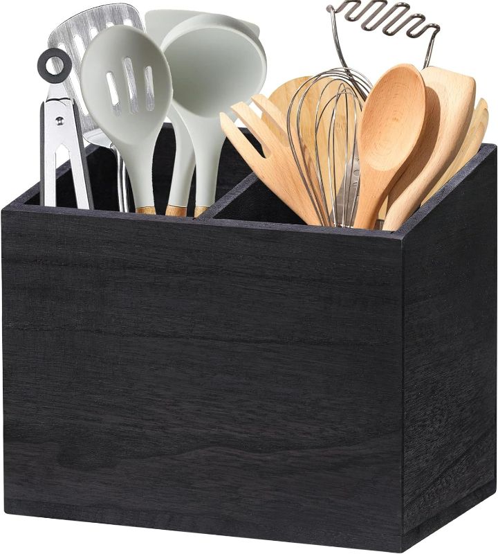 Photo 1 of 
Wooden Kitchen Utensil Caddy With 2 Compartments, Rustic Kitchen Utensil Holder for Kitchen Countertop, Wood Utensil Crock Organizer Box