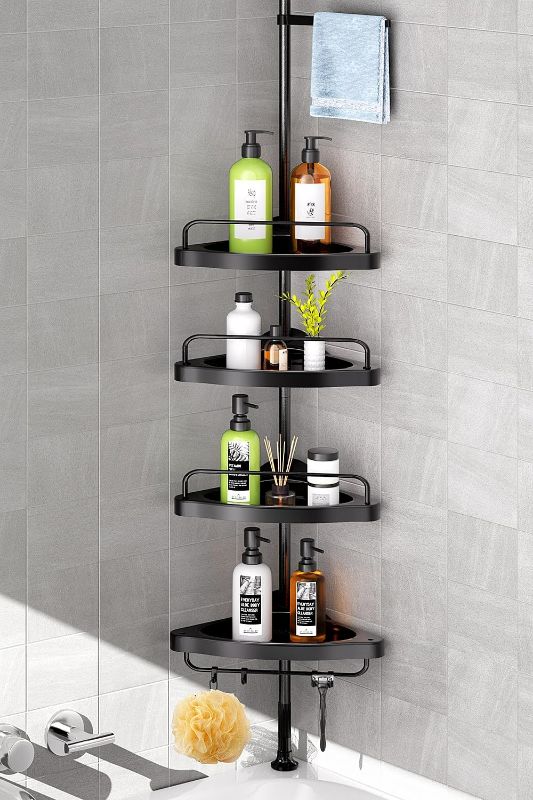 Photo 1 of 
Corner Shower Caddy Tension Pole: Adjustable Stainless Steel Shower Organizer with 4 Tier Shelf for Bathroom Bathtub Tub Shampoo