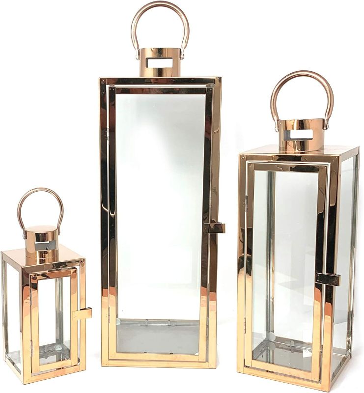 Photo 1 of 
Allgala 3-PC Set Jumbo Luxury Modern Indoor/Outdoor Hurricane Candle Lantern Set with Chrome Plated Structure and Tempered Glass-Cuboid Rose Gold-HD88014