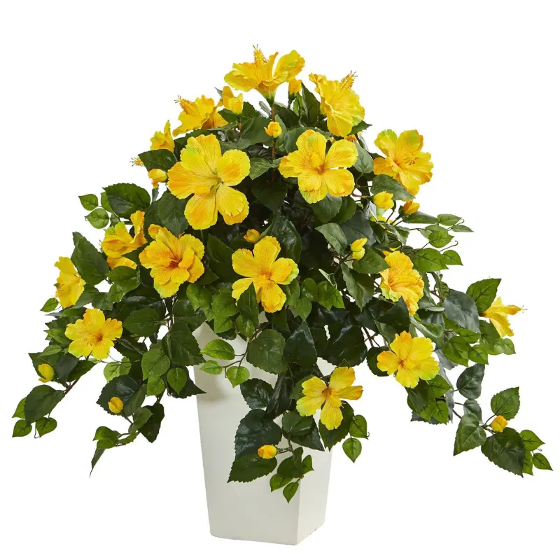 Photo 1 of ***DAMAGED - PLANT BROKEN OFF FROM POT - SEE PICTURES***
Hibiscus Artificial Plant in White Tower Planter, Yellow