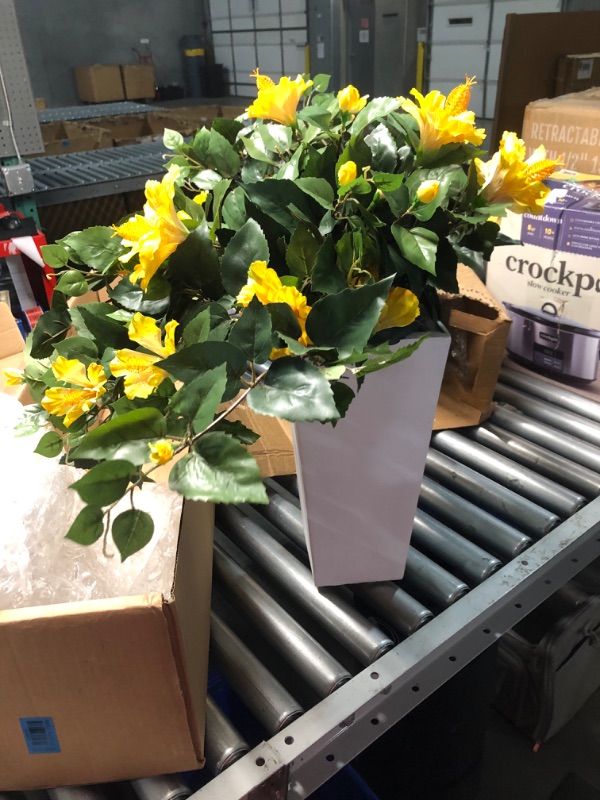 Photo 4 of ***DAMAGED - PLANT BROKEN OFF FROM POT - SEE PICTURES***
Hibiscus Artificial Plant in White Tower Planter, Yellow