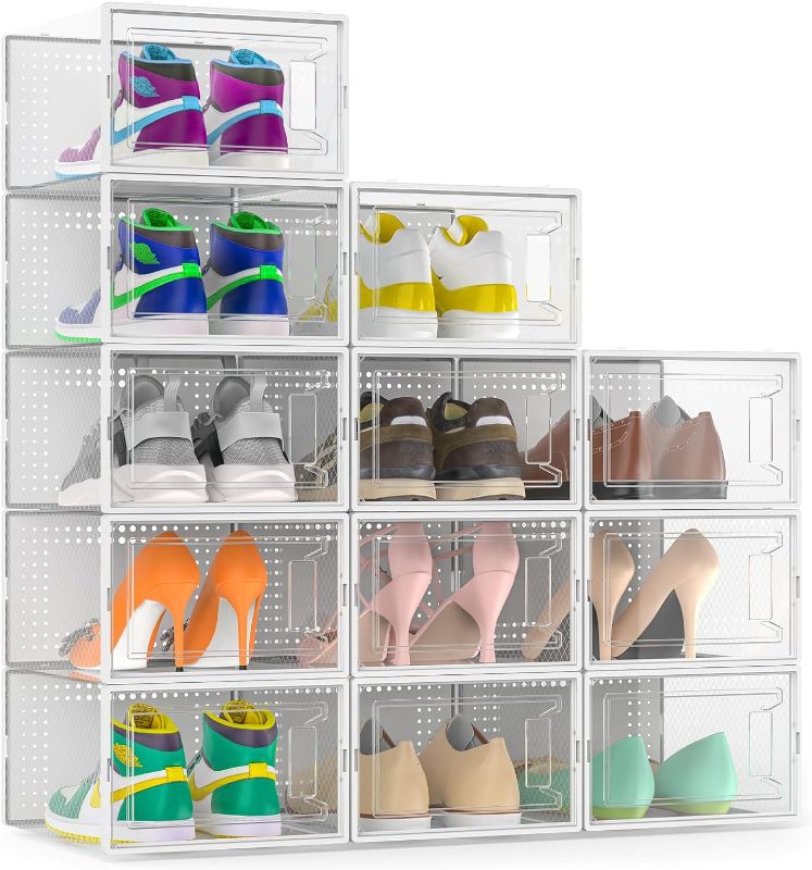 Photo 1 of 12 Pack X Large Shoe Storage Organizer for Closet, Modular Space Saving Shoe Boxes Clear Plastic Stackable Containers Display Case Bins with Lids, Shoe Rack for Sneaker Storage, White