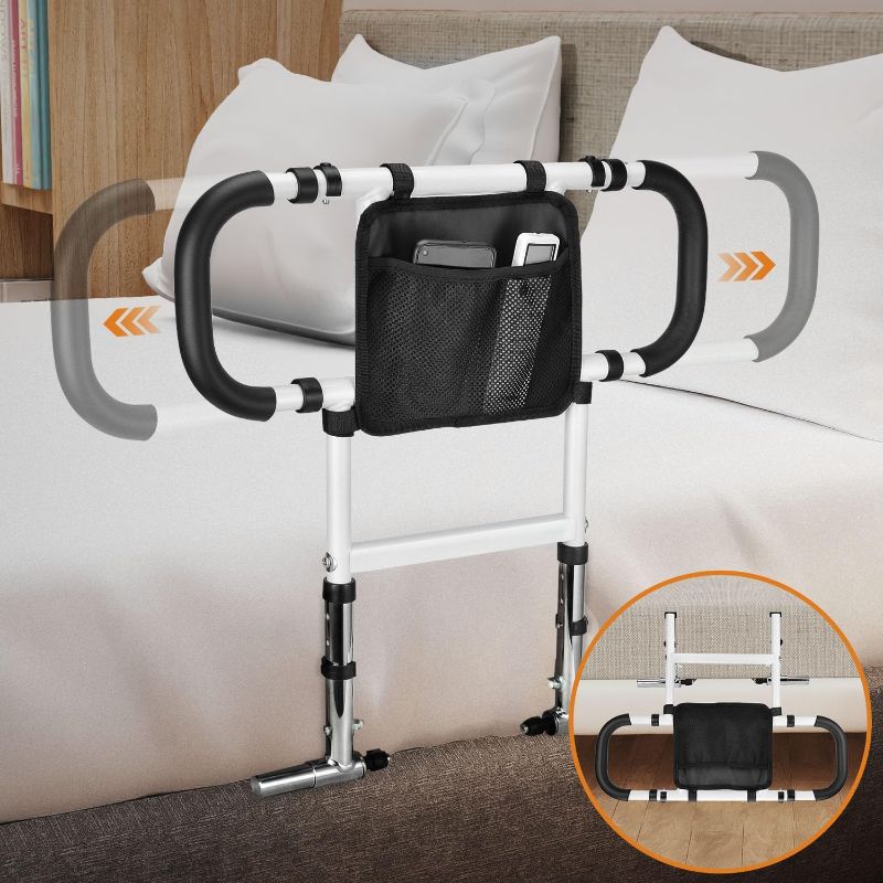 Photo 1 of Bed Rails for Elderly Seniors,Foldable Retractable Bed Assist Rail,Bed Rail with Dual Grab Bars & Storage Pocket,Adjustable Heights Bed Assist Safety Bar,Fits Medical Bed,Queen,Twin Bed