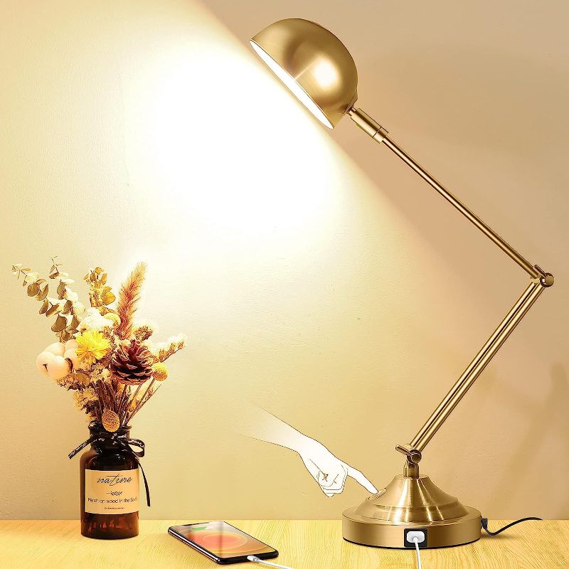 Photo 1 of Architect Gold Desk Lamp Dimmable with USB Port, Adjustable Touch Control Vintage Desk Lamp 3 Color Modes, Brass Metal Desk Lamp Retro Style Reading Light...