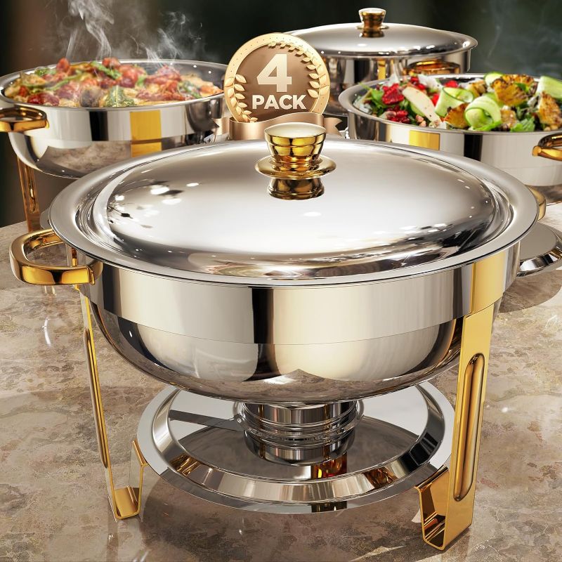 Photo 1 of Chafing Dishes for Buffet 4 Pack, 5QT [Worry-Free Assemble] Round Chafing Dish Buffet Set [Elegant Gold and Silver Colors] Stainless Steel Chafers and Buffet Warmers Sets for Parties with Complete Set