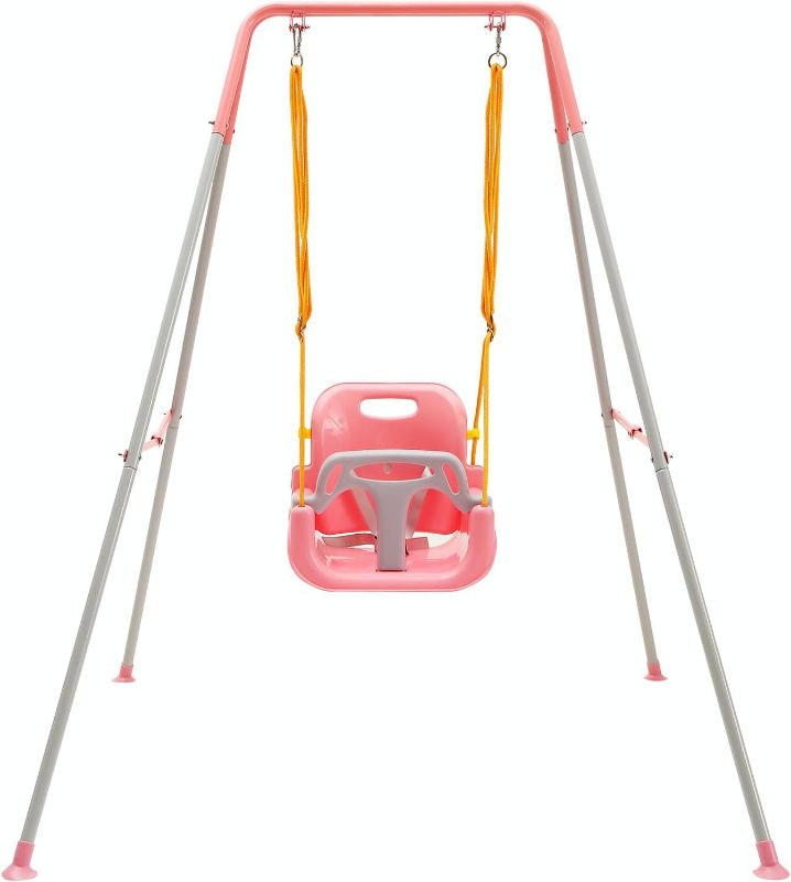 Photo 1 of FUNLIO 3-in-1 Toddler Swing Set with 4 Sandbags, Indoor/Outdoor Baby Swing with Foldable Metal Stand, Kids Swing Set for Backyard, Clear Instructions, Easy to Assemble & Store,Pink
