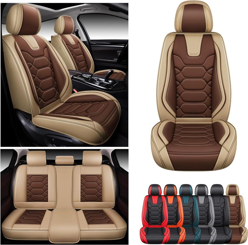 Photo 1 of OASIS AUTO Car Seat Covers Premium Waterproof Faux Leather Cushion Universal Accessories Fit SUV Truck Sedan Automotive Vehicle Auto Interior Protector Full Set (OD-004 Tan&Coffee)
