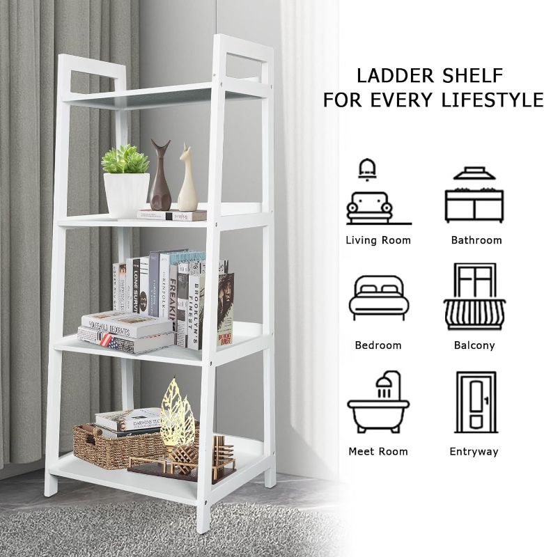 Photo 1 of Ladder Shelf, 4 Tier Ladder Bookshelf, Leaning Bookshelf, 4 Tier Ladder Shelf, Plant Ladder with Steel Frame and Wooden Shelf Surface, for Living Home Bedroom Kitchen, White
