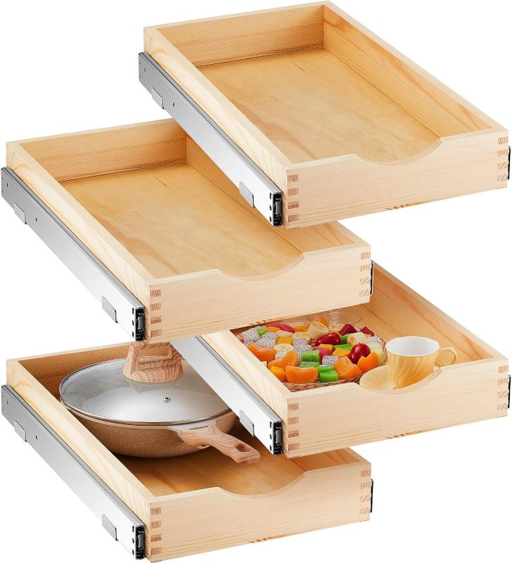 Photo 1 of 4 Set Wooden Pull Out Tray Pull Out Cabinet Organizer Soft Close Roll Out Shelves for Kitchen Cabinets Fully Assembled Slide Out Pantry Shelves for Kitchen Base Cabinet (11'' x 21'')
