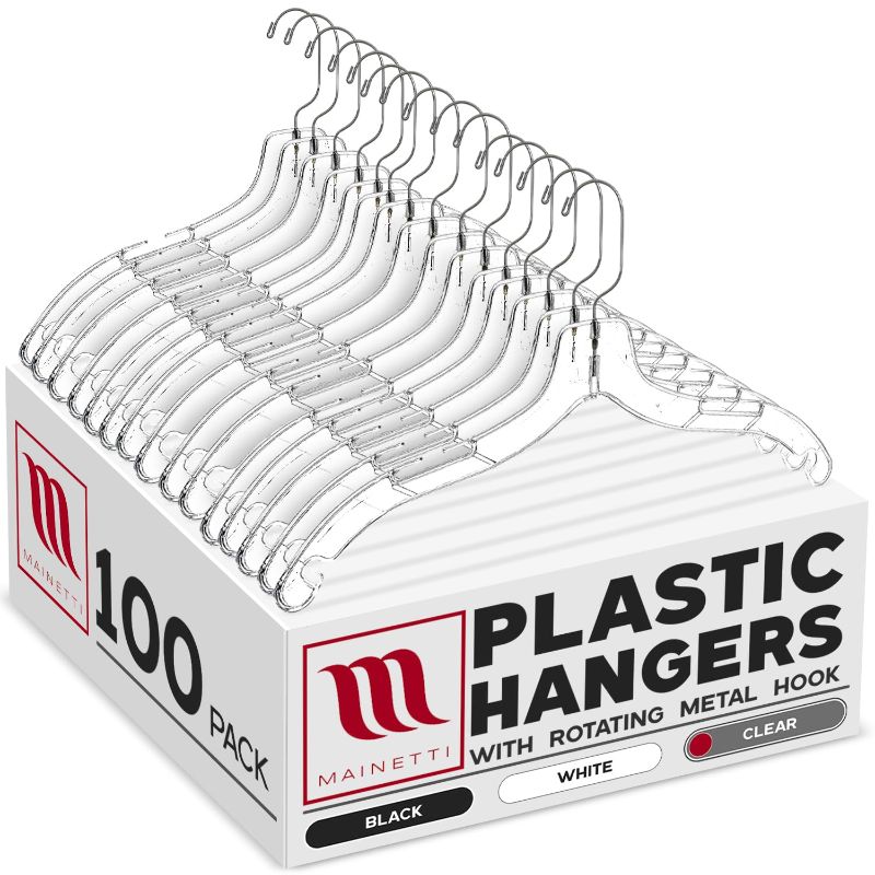 Photo 1 of Mainetti 5400SCR Clear Plastic Hangers - 100 Pack with 360 Swivel Metal Hook and Notches for Straps, Great for Shirts/Tops/Dresses/Jackets, 17-Inch
