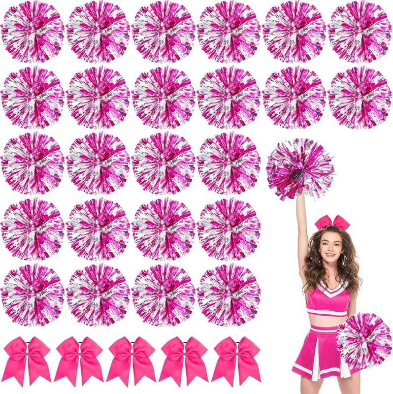 Photo 1 of 48 Pack Cheerleading Pom Poms with 24 Pcs Cheerleader Bows 12 Inch Metallic Cheering Squad Pompoms Large Hair Bow Set for Team Sports Football Baseball Softball Dance