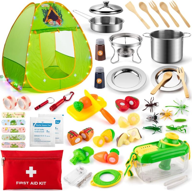 Photo 1 of (STOCK PHOTO FOR SAMPLE) - 40 PCS Kids Camping Set, Pop Up Play Tent with Kids Cookware Toy, Outdoor Explore Kit & First AID playset, Indoor Outdoor Kids Pretend Play Toys for 3 4 5 6 7 8 Year Old Boys and Girls