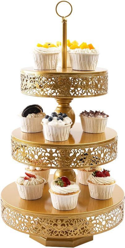 Photo 1 of Gold Cupcake Stand - Tiered Dessert Table Display Set 3 Tier Metal Gold Serving Tray Round Cake Stand Holder for Wedding Tea Party Baby Shower Birthday Christmas Decor