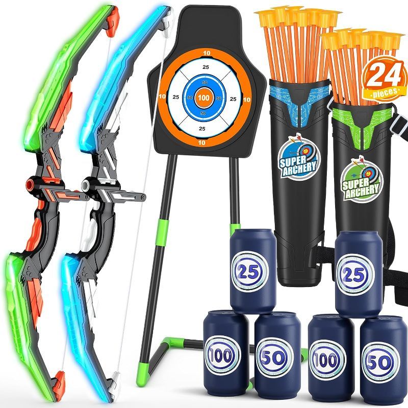 Photo 1 of **stock photo for reference, color may be different**2 Pack Bow and Arrow Sets for Kids 8-12,LED Light-up Archery Toy Set Includes Suction Cup Arrows, Quivers, Standing Target and Target Score Cans Indoor Outdoor Toys for Kids Boys Girls Birthday Gifts