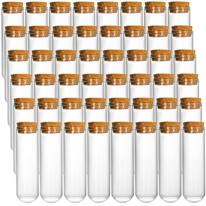 Photo 1 of Frcctre 48 Pack 50ml Glass Test Tubes with Cork Stoppers, 30x100mm Clear Round Bottom Glass Test Tubes for Scientific Experiments, Bath Salt and Candy Storage, Plant Propagation Container
