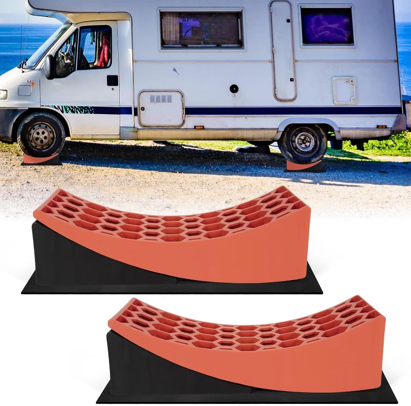 Photo 1 of WELLUCK RV Camper Leveler Kit, 2 Packs Heavy Duty Curved RV Leveling Blocks Ramp Wheel Chock for Travel Trailer, Up to 35,000 lbs, Anti-Slip Mats Included, Level your RV on First Try
