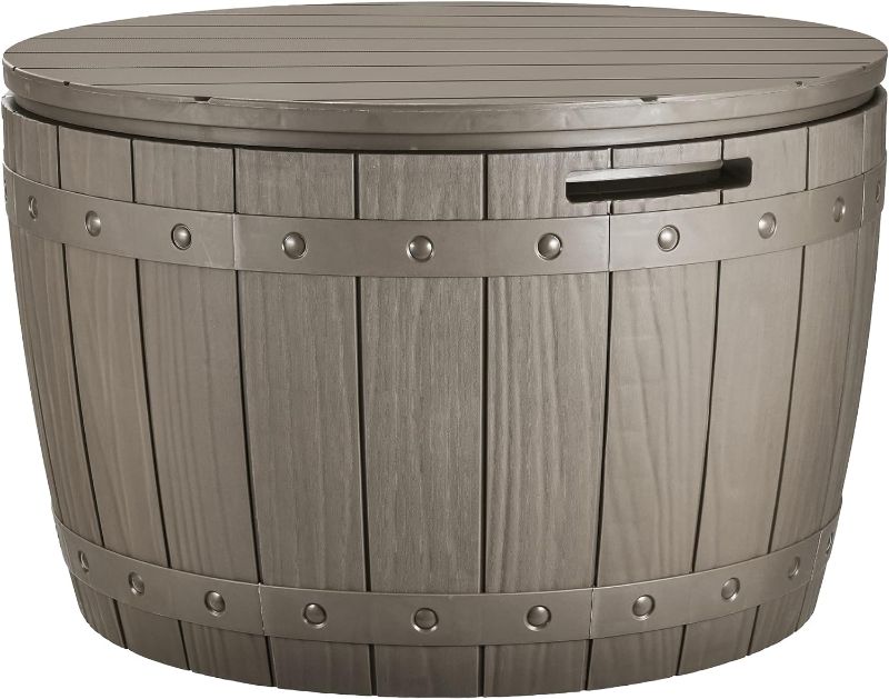 Photo 1 of **PARTS ONLY NON-REFUNDABLE READ NOTES**YITAHOME 33 Gallon Round Deck Box, Outdoor Storage Box for Patio Furniture,Patio Table for Cushion, Pool Accessories, Outdoor Toys, Waterproof Resin & Easy Assembly & Lightweight, Light Brown
