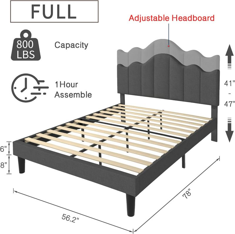 Photo 3 of (NON-REFUNDABLE) VECELO Full Size Upholstered Platform Bed Frame with Adjustable Headboard, Wood Slat Support and Noise-Free, No Box Spring Needed, Easy Assembly Beige Full