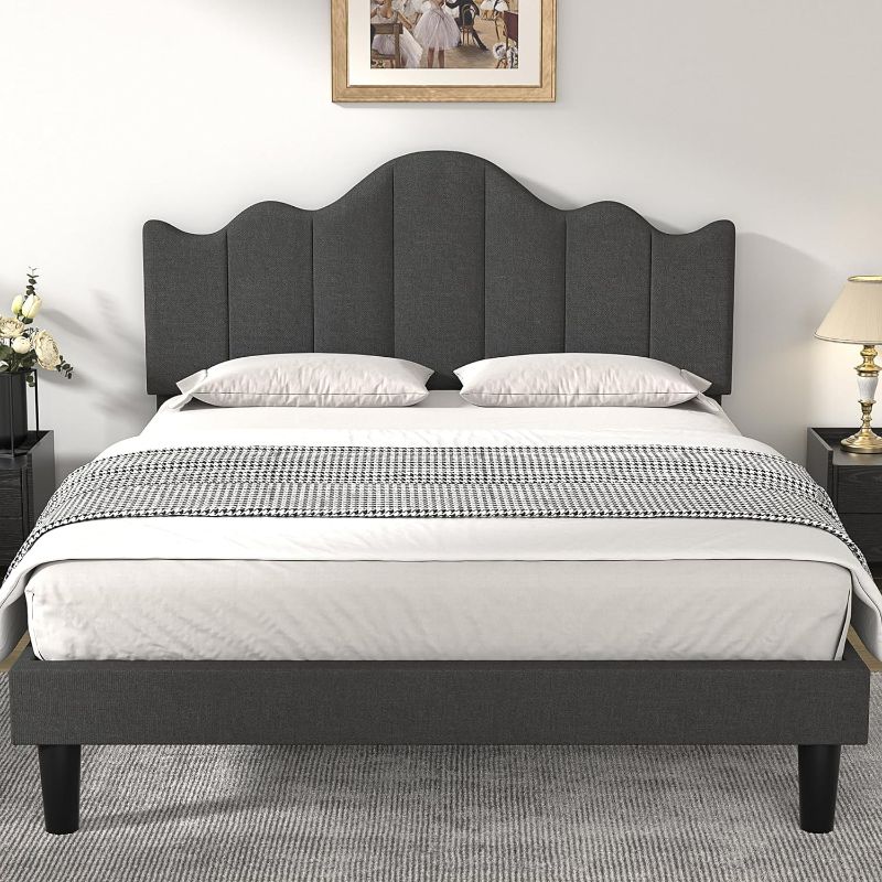 Photo 1 of (NON-REFUNDABLE) VECELO Full Size Upholstered Platform Bed Frame with Adjustable Headboard, Wood Slat Support and Noise-Free, No Box Spring Needed, Easy Assembly Beige Full