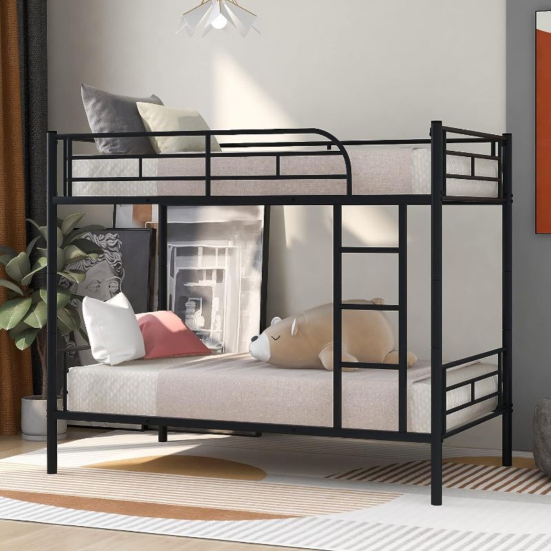 Photo 1 of **2 BOXES***Black Metal Triple Bunk Beds Frame, Twin Over Twin & Twin Bunk Bed with Guardrails, Can Be Separated into 3 Twin Beds for Kids, Teens, Adults, No Box Spring Needed
