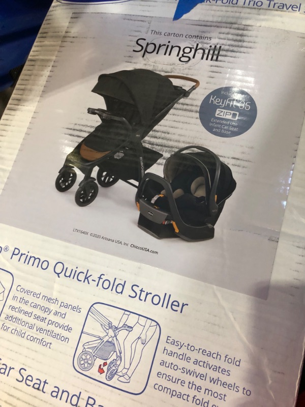 Photo 4 of Chicco Bravo Primo Trio Travel System, Bravo Primo Quick-Fold Stroller with Chicco KeyFit 35 Zip Extended-Use Infant Car Seat, Car Seat and Stroller Combo | Springhill/Black Springhill Bravo Primo