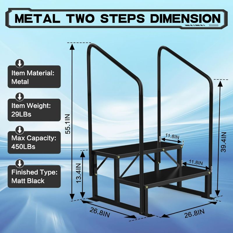 Photo 3 of (NON-REFUNDABLE) Coocure RV Steps with Two handrails, 2 Steps Mobile Home Stairs Steps Outdoor, Hot tub Steps with handrail. Portable Stairs for Travel Trailer, Motor Home, Camper with 2Pcs Step mats(Polished Black)